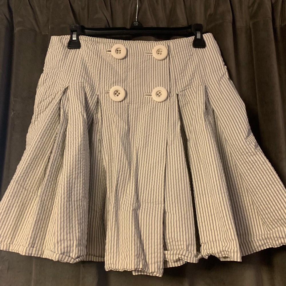 J Crew: Seersucker blue and white striped skirt